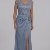 INEWER V Neck Lace Cap Sleeve Ruched Satin Slit Maxi Gown