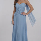 INEWER Strapless Pleated Chiffon Ruffle Maxi Gown