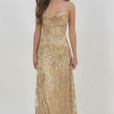 INEWER Sequin Cowl Neck A-Line Prom Gown