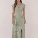 INEWER V-Neck Flutter Sleeve Chiffon Ruffle Slit Maxi Gown