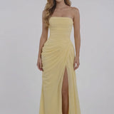 INEWER Strapless Ruched Slit Chiffon Maxi Gown