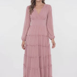 INEWER V-Neck Long Sleeve Ruffle Ruched Chiffon Maxi Gown