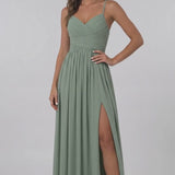 INEWER Spaghetti Strap Ruched Chiffon Slit Maxi Dress
