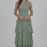 INEWER One Shoulder Ruched Tiered Ruffle Chiffon Slit Maxi Gown