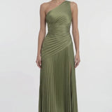INEWER One-Shoulder Pleated Satin Slit Maxi Gown