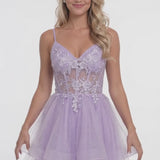 INEWER V Neck Tulle Lace Applique Mini Homecoming Dress
