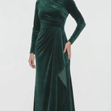INEWER Bateau Neck Long Sleeve Ruched Velvet Maxi Gown