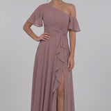 INEWER One Shoulder Flutter Sleeve Chiffon Slit Maxi Gown