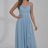 INEWER Cowl Neck High Low Chiffon Ruched Maxi Gown