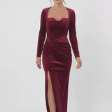INEWER Square Neck Long Sleeve Velvet Ruched Slit Maxi Gown