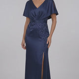 INEWER Cape Sleeve Lace Applique Satin Slit Maxi Gown