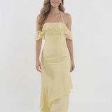 INEWER Off Shoulder Chiffon Ruffle Maxi Gown
