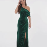 INEWER One Shoulder Velvet Ruched Slit Maxi Gown