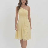 INEWER One Shoulder Chiffon Ruched Ruffle Midi Dress