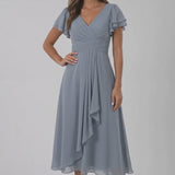 INEWER V Neck Flutter Sleeve Ruffle Chiffon Maxi Dress
