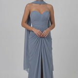 INEWER Sweetheart Ruched Chiffon Slit Maxi Gown