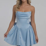 INEWER Strapless Bow Satin Mini Homecoming Dress