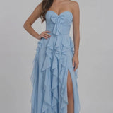 INEWER Strapless Bow Ruffle Chiffon Slit Prom Dress