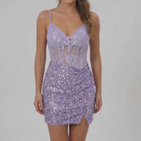 INEWER Lace Sequin V Neck Mini Homecoming Dress
