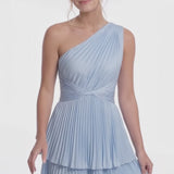 INEWER One Shoulder Pleated Tiered Satin Mini Dress