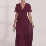 INEWER V-Neck Flutter Sleeve Chiffon Lace Maxi Gown