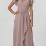INEWER V-Neck Flutter Sleeve Chiffon Ruffle Maxi Gown