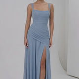 INEWER Square Neck Ruched Chiffon Slit Maxi Gown