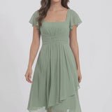 INEWER Square Neck Flutter Sleeve Chiffon Ruched Midi Dress