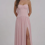 INEWER Strapless Ruched Chiffon Scarf Slit Maxi Gown