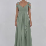 INEWER V Neck Ruched Ruffle Slit Maxi Dress