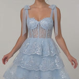 INEWER Tiered Bow Tulle Lace Mini Homecoming Dress
