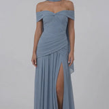 INEWER Off Shoulder Ruched Chiffon Slit Maxi Gown