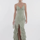 INEWER V Neck Floral Burnout Tiered Ruffle Slit Maxi Gown