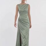 INEWER Bateau Neck Ruched Satin Slit Maxi Dress