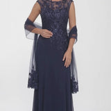 INEWER Lace Applique Scoop Neck Chiffon Sheath Maxi Gown