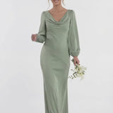 INEWER Cowl Neck Long Sleeve Satin Mermaid Maxi Gown