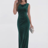 INEWER Cowl Neck Ruched Velvet Mermaid Maxi Gown
