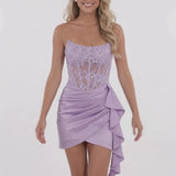 INEWER Strapless Lace Applique Corset Satin Mini Dress