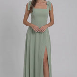 INEWER Square Neck Chiffon Bow Strap Maxi Dress