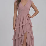 INEWER V Neck Flutter Sleeve Tiered Ruffle Chiffon Slit Maxi Gown