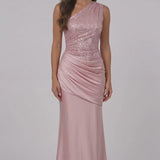 INEWER One Shoulder Sequin Satin Maxi Prom Gown