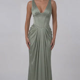 INEWER V Neck Ruched Satin Maxi Gown