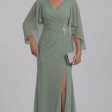 INEWER Cape Sleeve Ruched Chiffon Slit Maxi Gown