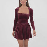 INEWER Square Neck Long Sleeve Velvet Mini Dress