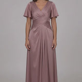 INEWER V Neck Flutter Sleeve Ruched Satin A-Line Maxi Gown