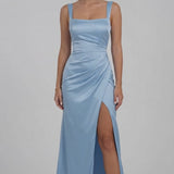 INEWER Square Neck Ruched Satin Slit Maxi Gown