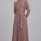 INEWER One Shoulder Pleated Satin A-Line Maxi Gown