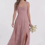 INEWER Floral Burnout Square Neck A-Line Slit Maxi Gown