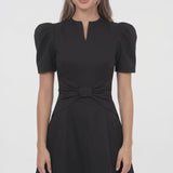 INEWER Puff Sleeve Bow Ruched Mini Dress
