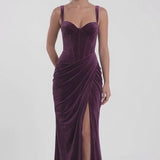 INEWER Sweetheart Corset Velvet Ruched Slit Maxi Dress